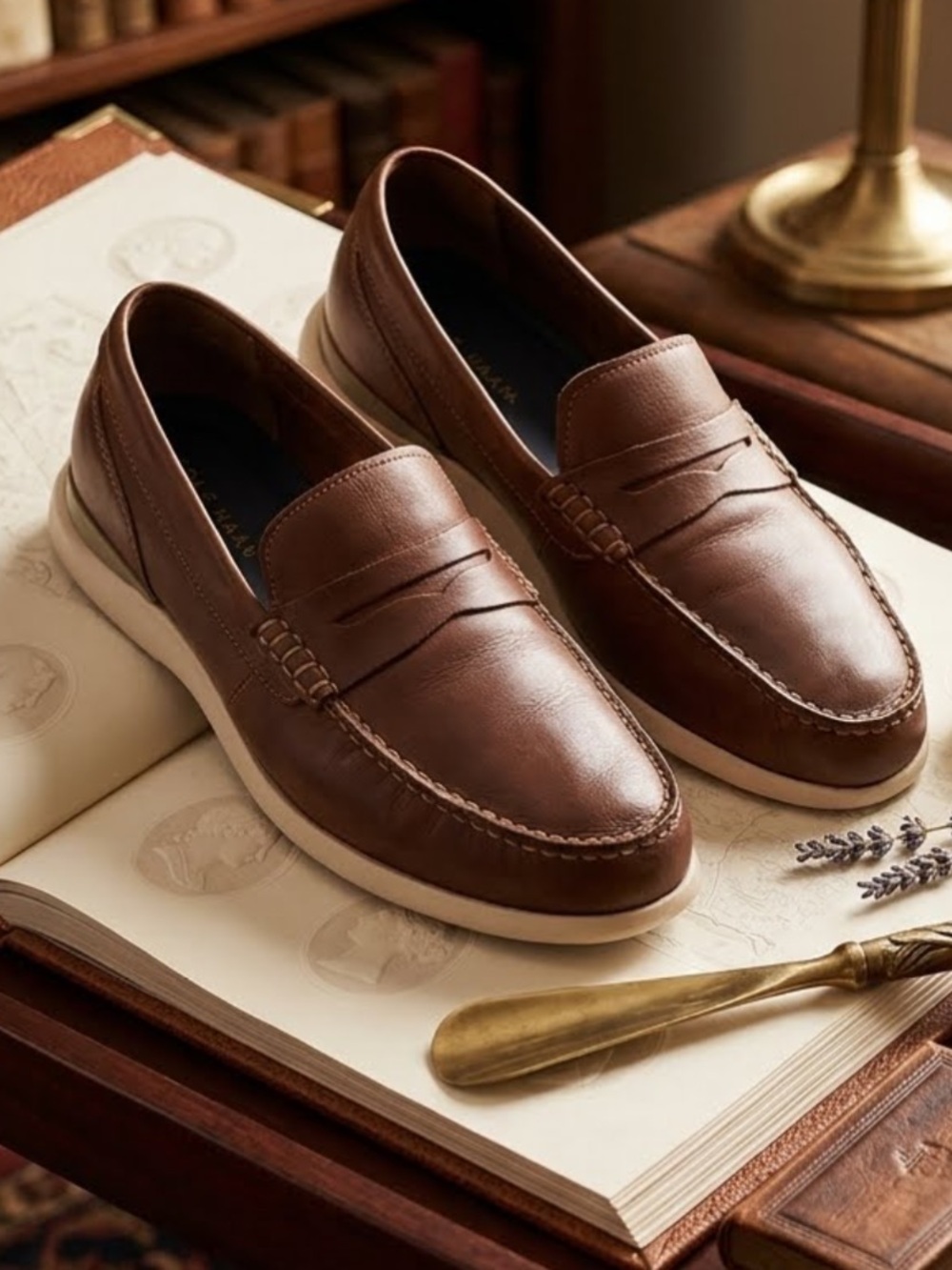 Cole Haan Chestnut Brown Leather Penny Loafers with Cream Sole